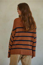 Load image into Gallery viewer, Rebecka Rib Stripe Pullover | Camel + Dark Navy
