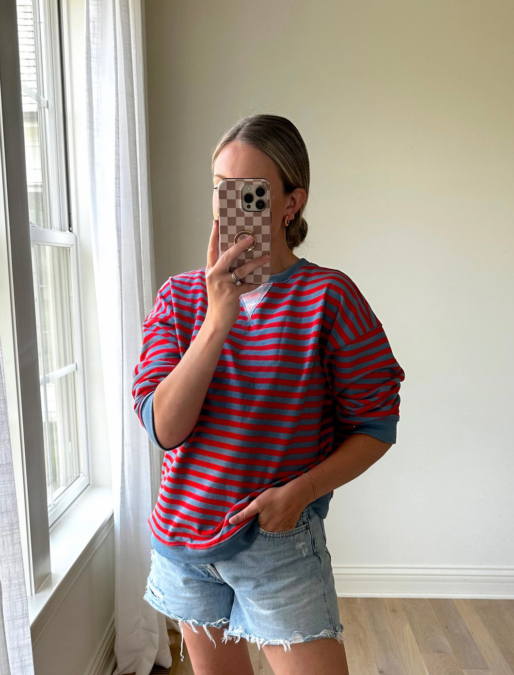 Lucy Stripe Pullover | Red + Dusty Blue