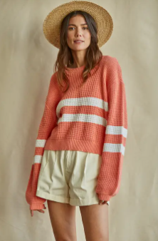 Nina Double Stripe Pullover | Coral