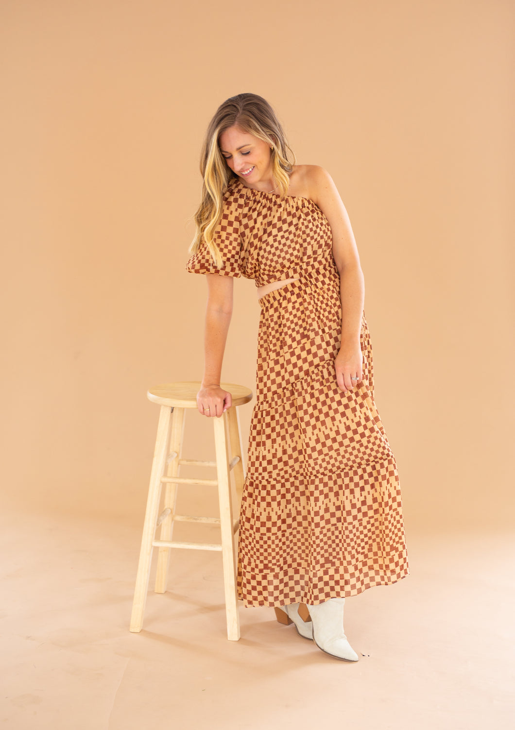 Cut Out Checker Dress | Brown + Tan