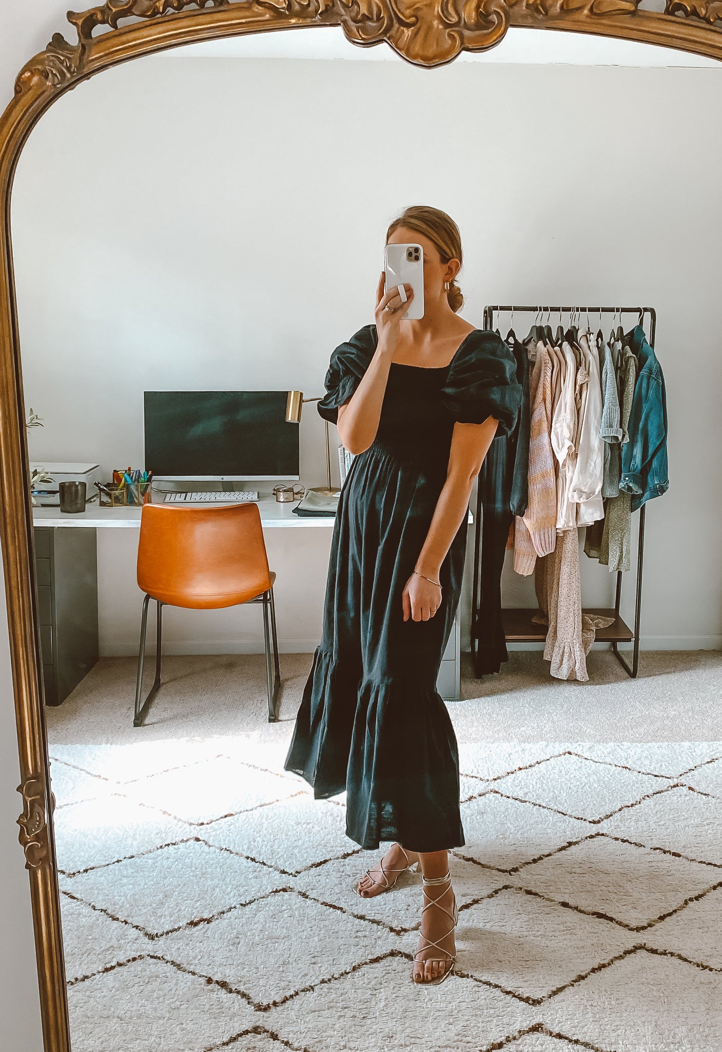 smocked midi dress black Nalini Smocked Midi Dress in Poplin