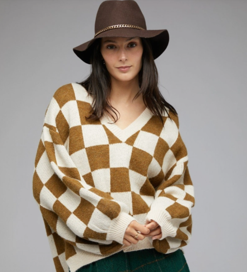 Charlie Check Sweater | Brown + Cream