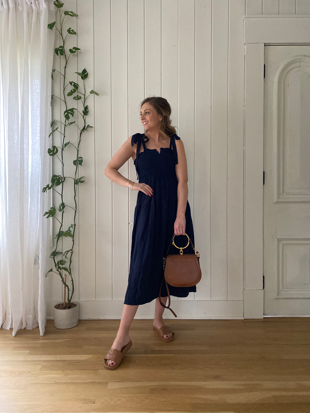 Kourtney Shoulder Tie Midi Dress | Navy